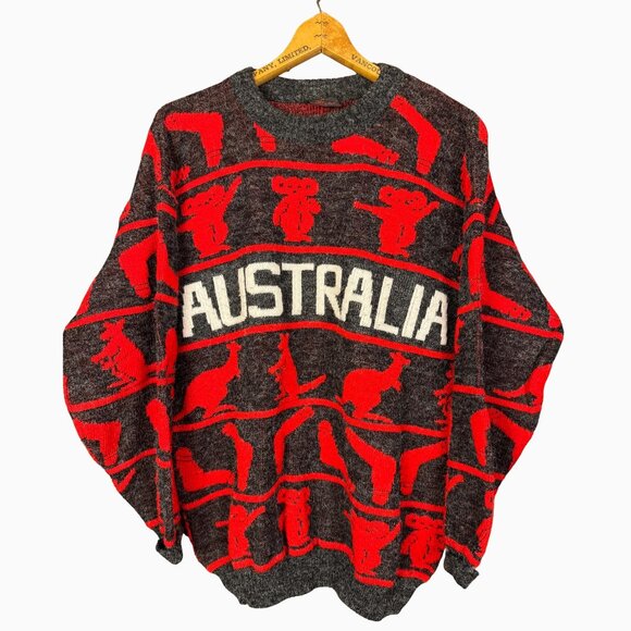 Vintage Australia Sweater Medium - Bold Red Koala Kangaroo Knit Jumper - Picture 1 of 7